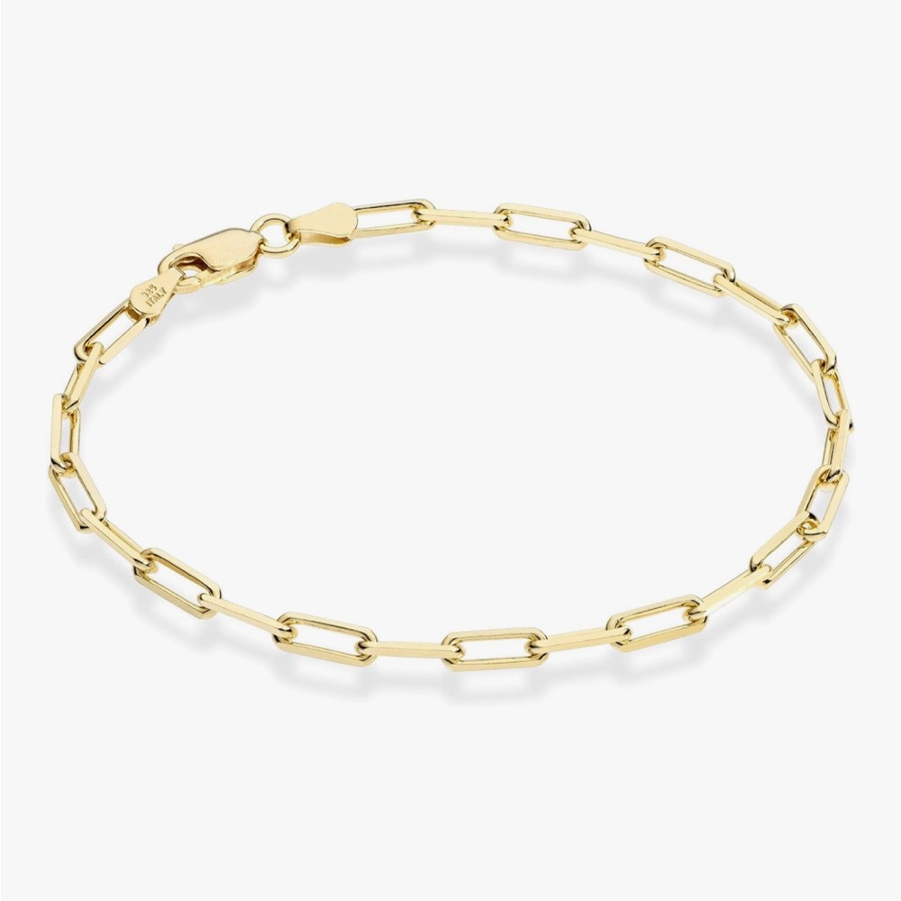 Solid Italian 18K Gold Over Sterling Silver 3mm Paperclip Link Chain Bracelet